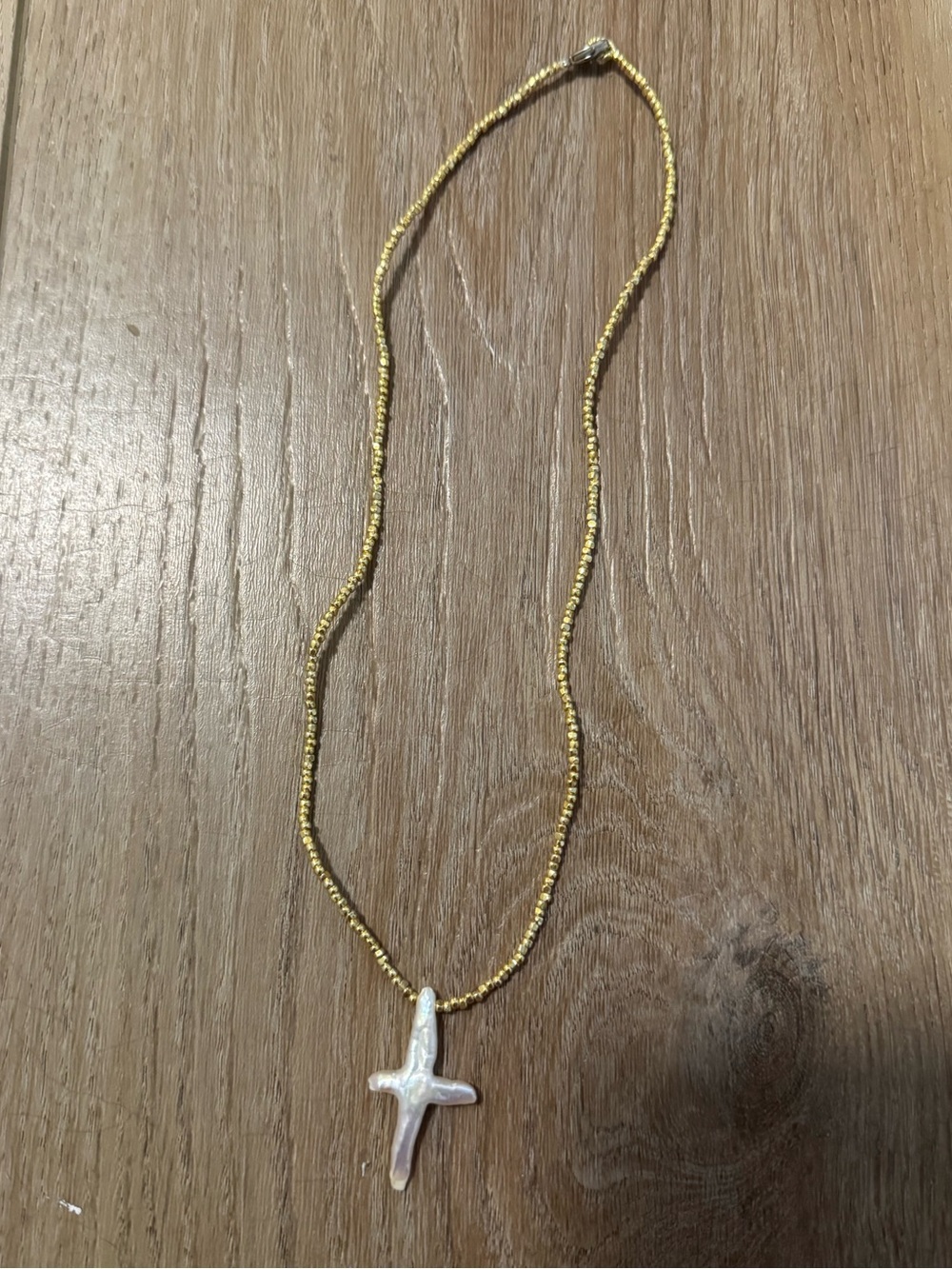 Gold Beaded Necklace with White Pearl Cross Pendant